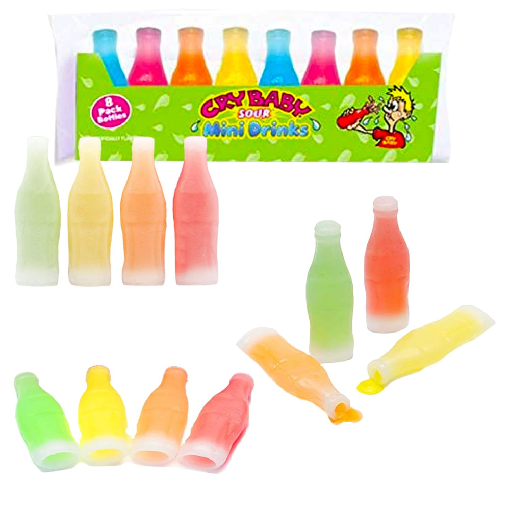 Nik-L-Nip Cry Baby Sour Mini Drinks bottle with tangy gummies for on-the-go snacking.