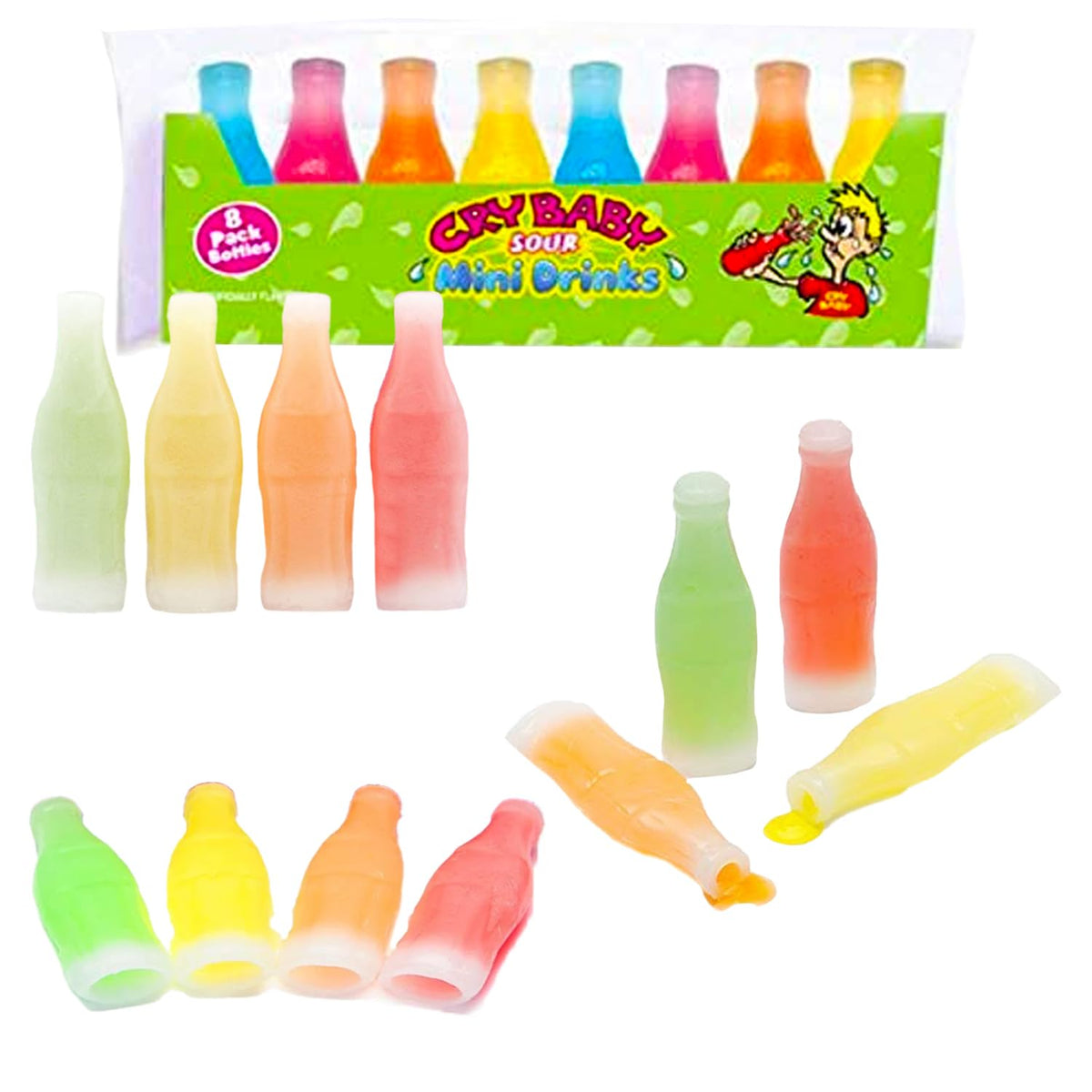 Nik-L-Nip Cry Baby Sour Mini Drinks bottle with tangy gummies for on-the-go snacking.
