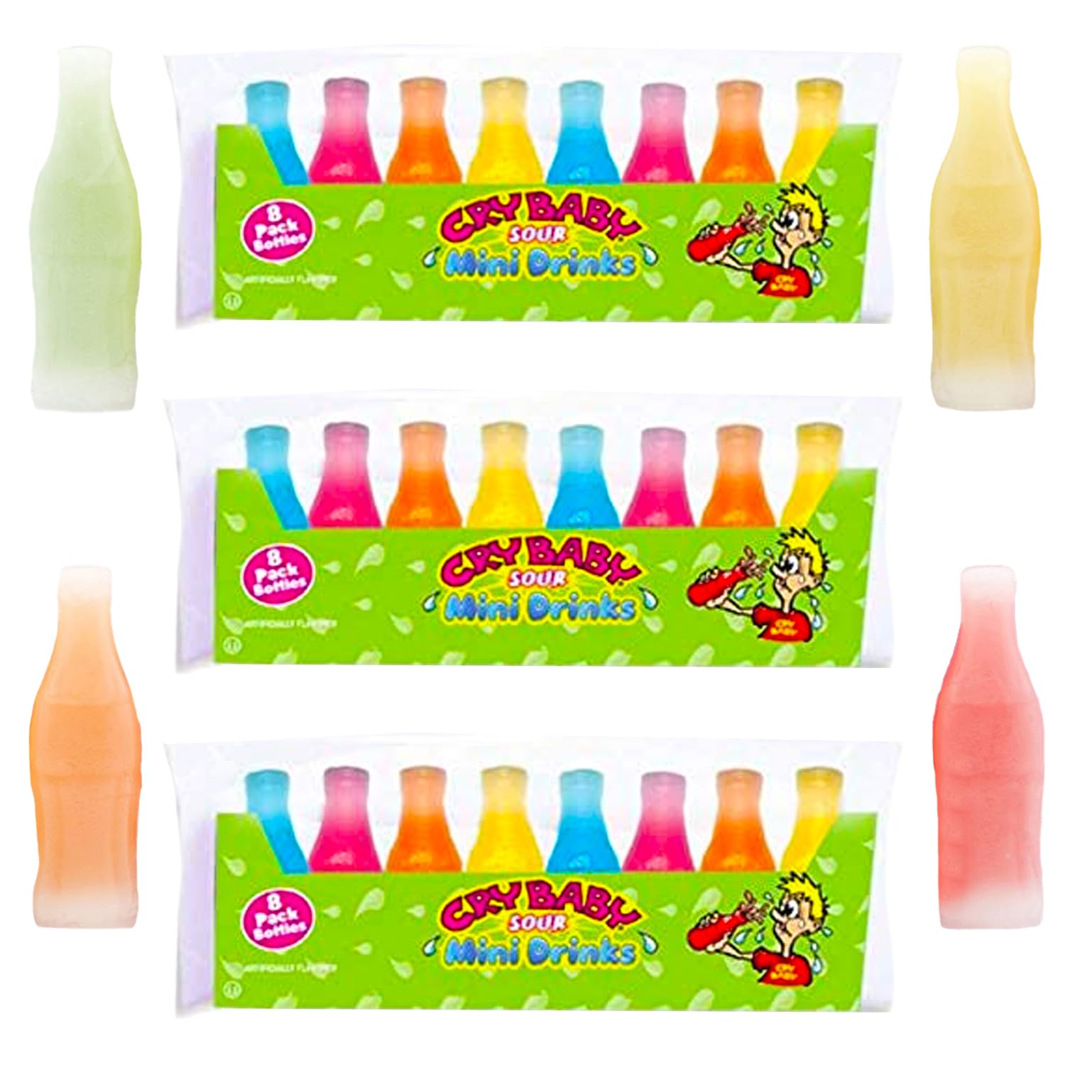Nik-L-Nip Cry Baby Sour Mini Drinks flavor variety with sour cherry, lemon, and orange.