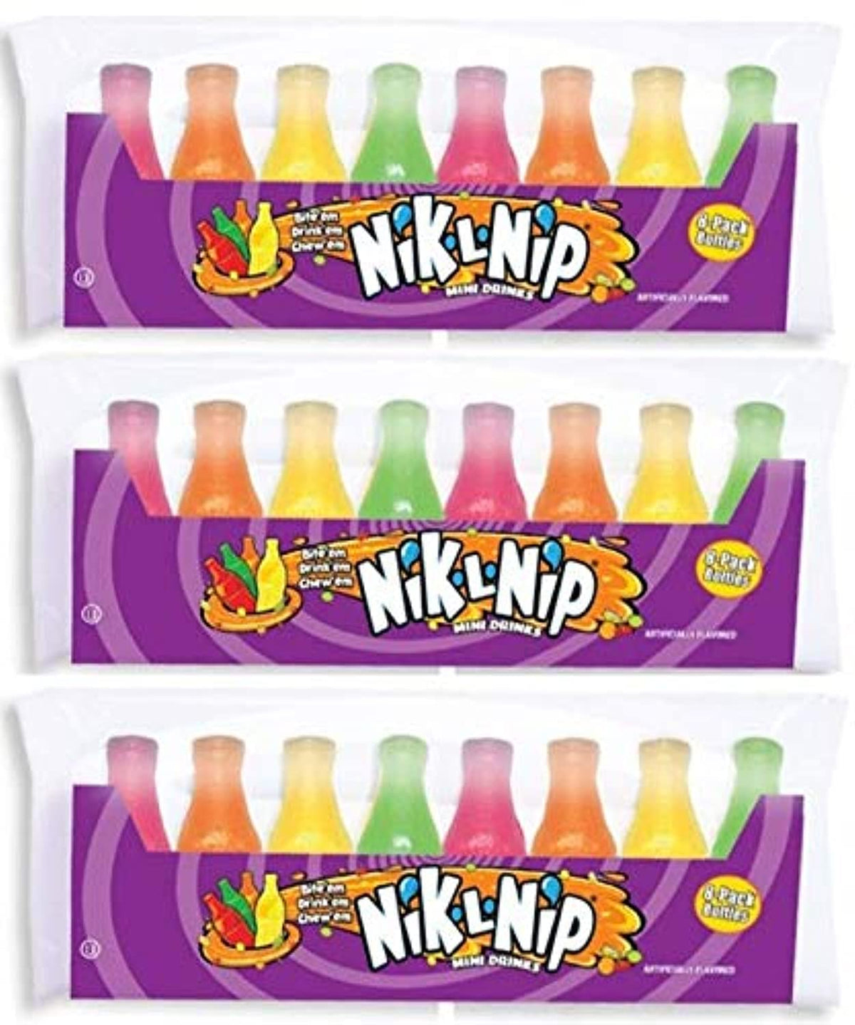 Nik-L-Nip mini drinks candy wax bottle closeup, flavorful fun for on-the-go snacking.