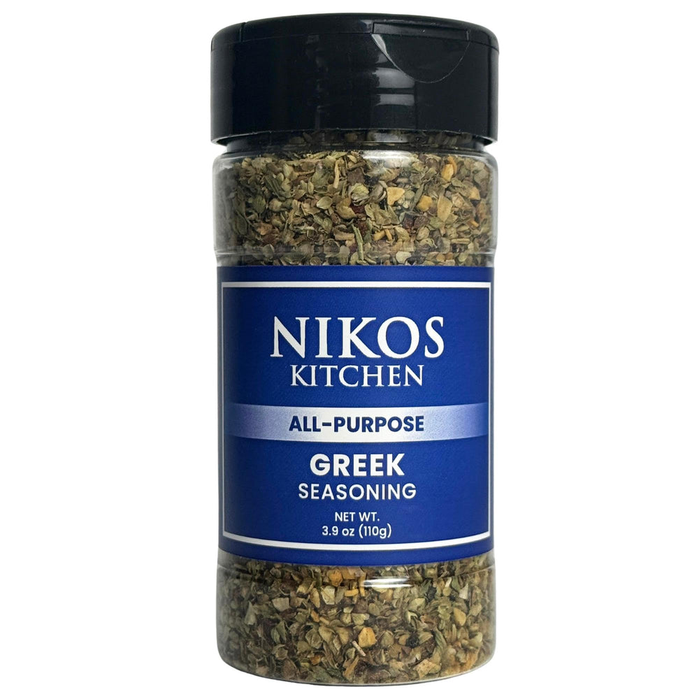 Nikos Kitchen Greek seasoning tin front showcasing authentic Mediterranean flavor in a premium jar.