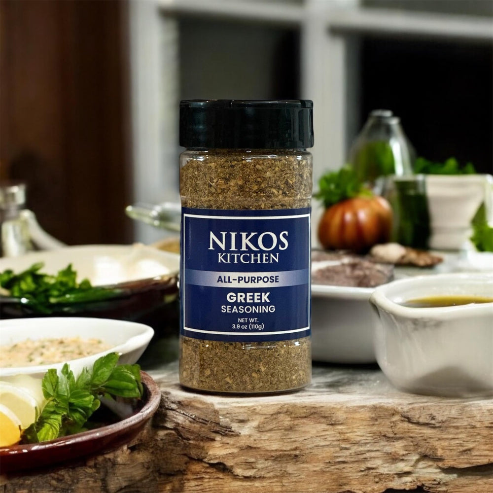 Nikos Kitchen spice label close-up highlighting NO MSG claim.