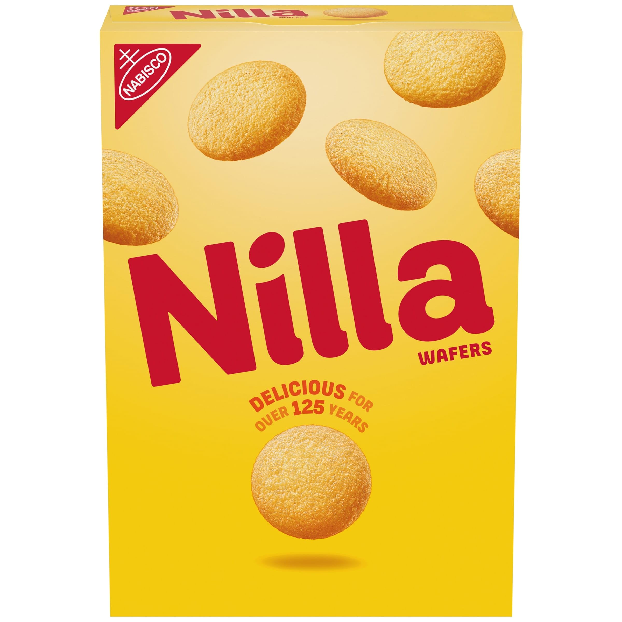 NILLA Wafers vanilla cookies on box front, appealing snack choice