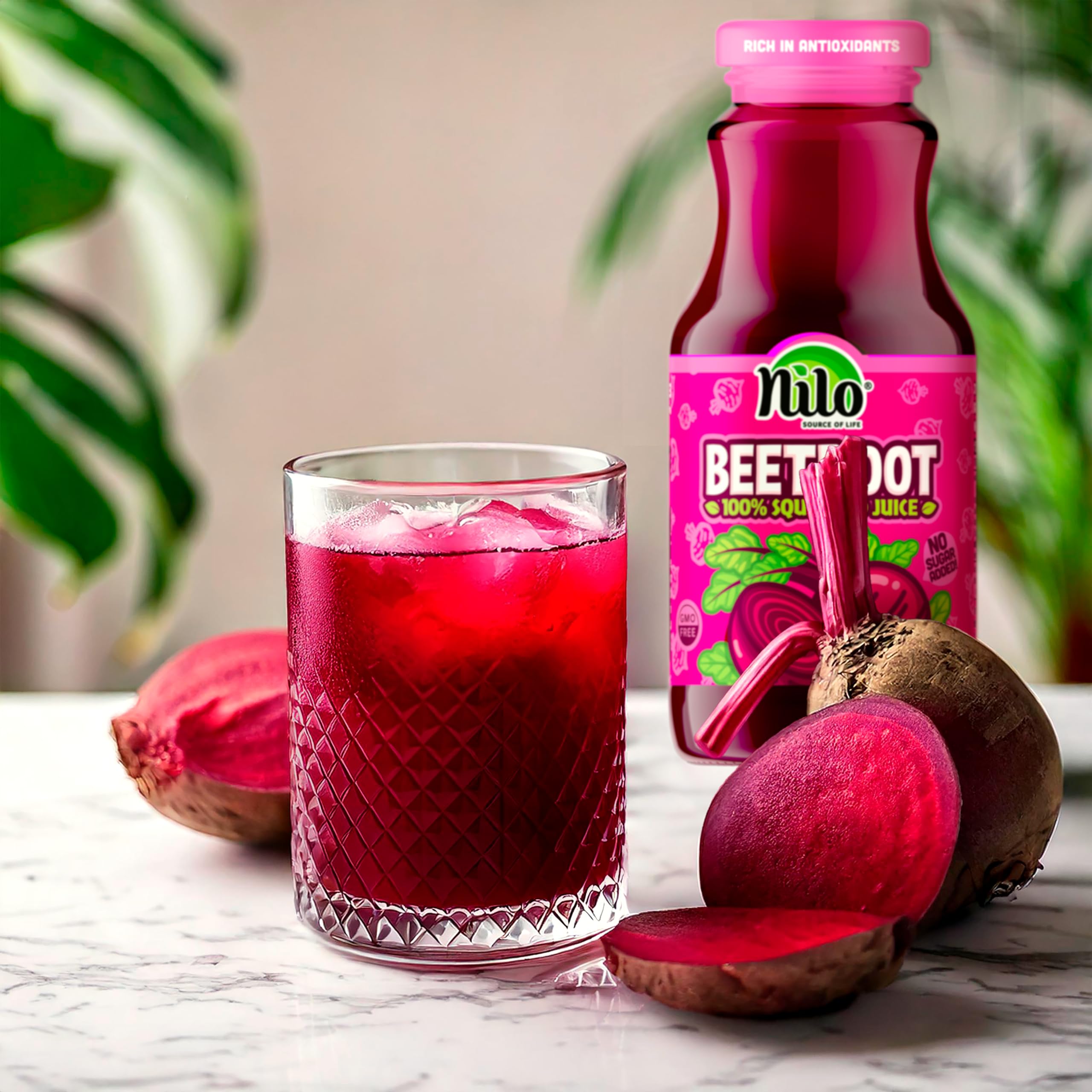 NILO Beetroot Juice Georgia-grown beets badge on front label.