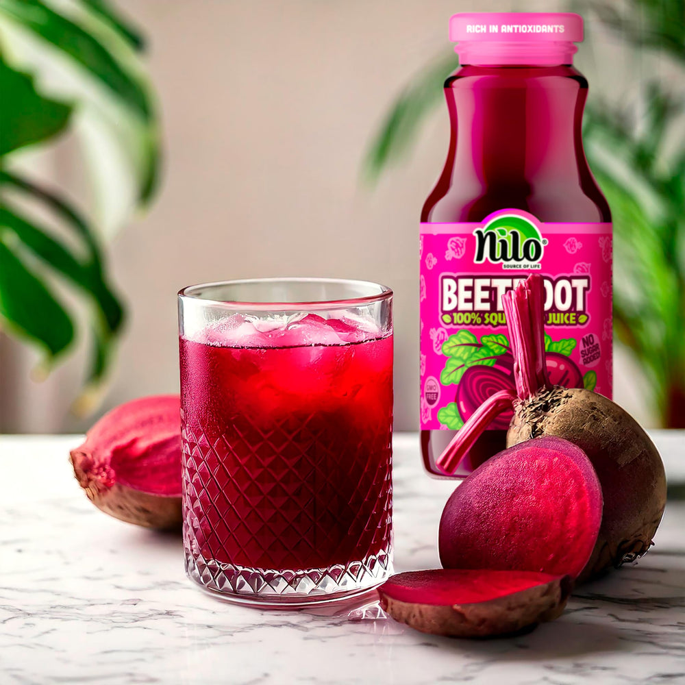 NILO Beetroot Juice Georgia-grown beets badge on front label.