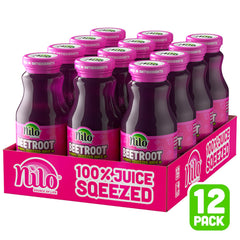 NILO Beetroot Juice glass highlighting vibrant ruby color and freshness.