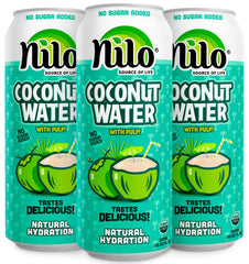 NILO coconut water with pulp 12-pack bottles arranged for hydration on the go.