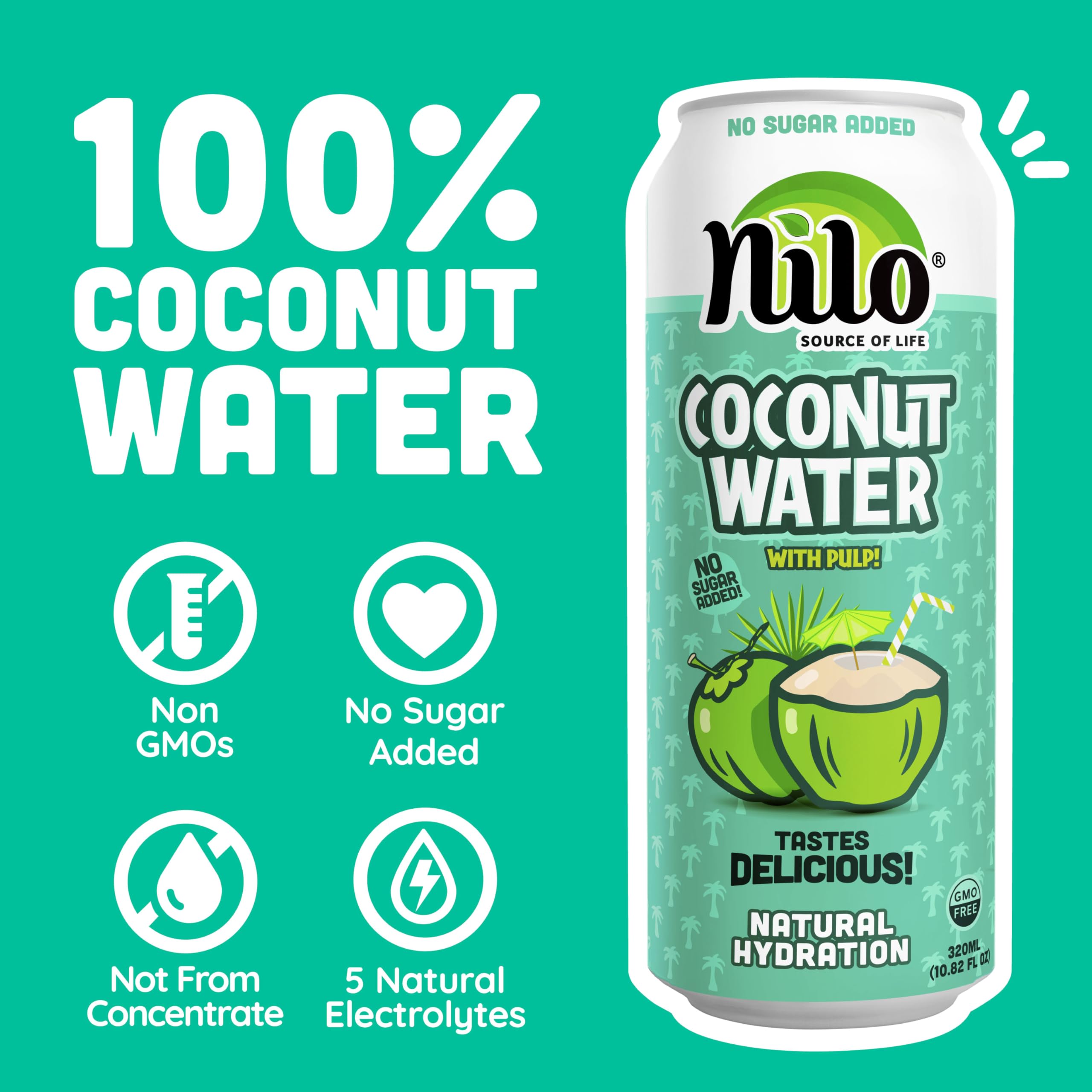 Front view of NILO coconut water with pulp bottle highlighting natural ingredients.