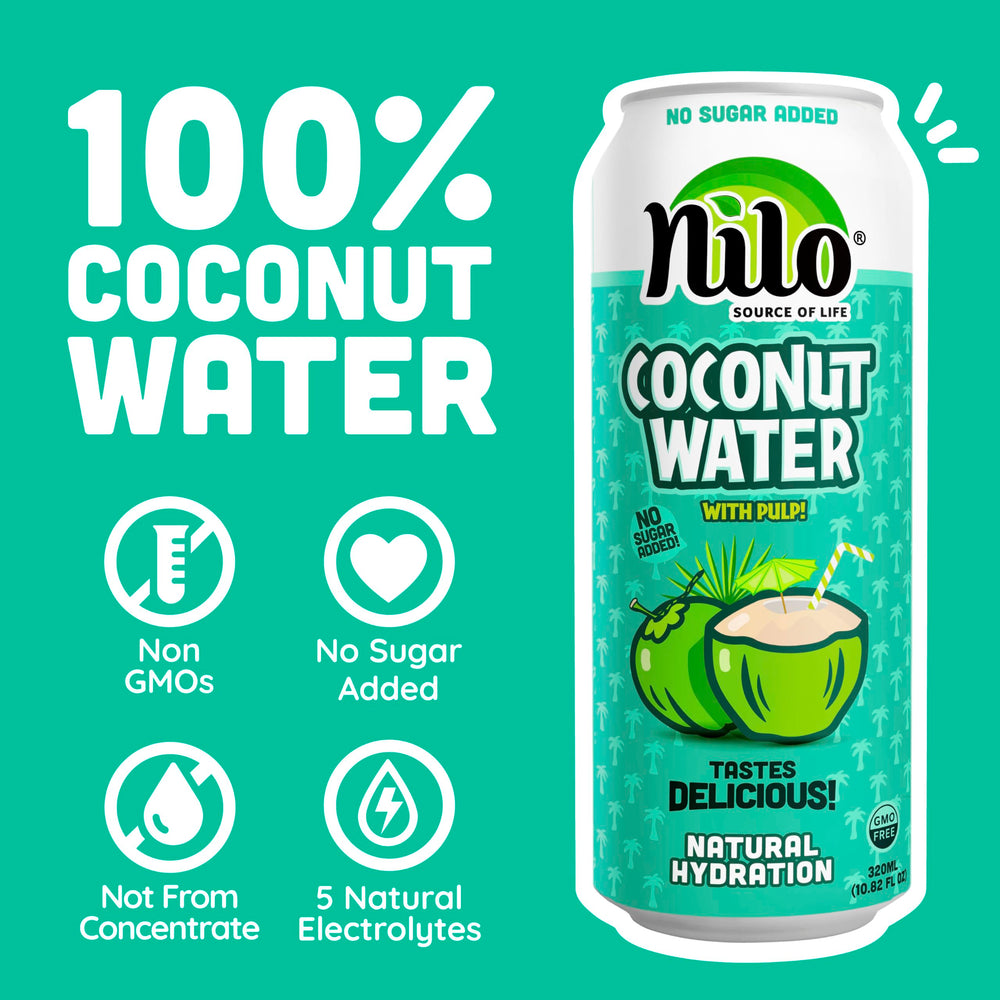 Front view of NILO coconut water with pulp bottle highlighting natural ingredients.