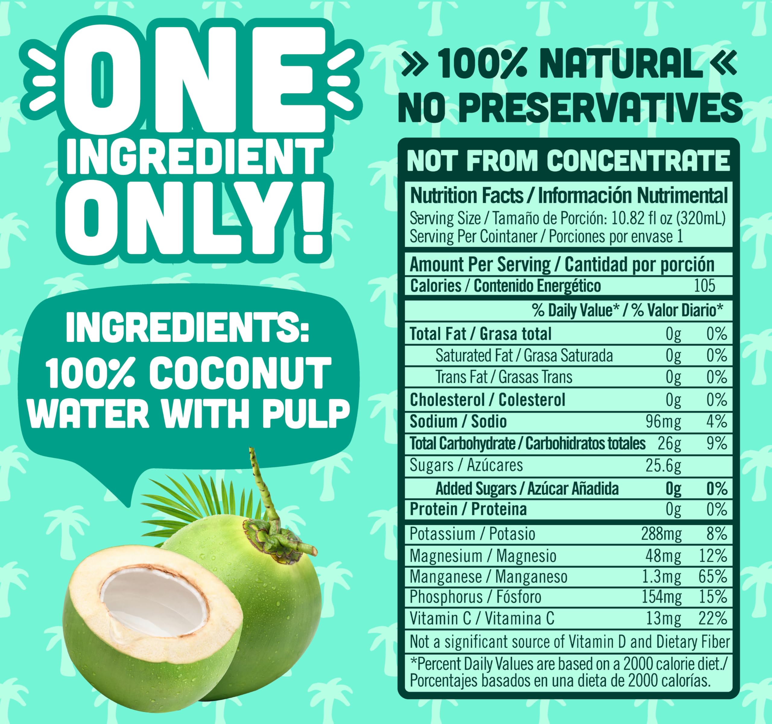 NILO coconut water with pulp bottle label close-up showing clean ingredients.