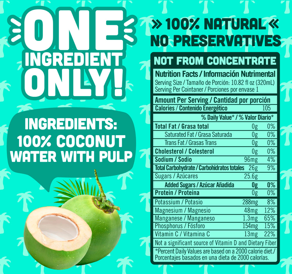 NILO coconut water with pulp bottle label close-up showing clean ingredients.