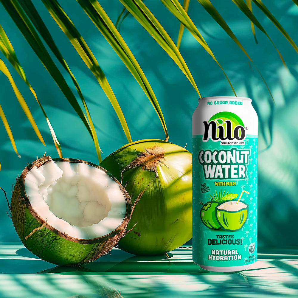 Packaging box for NILO coconut water with pulp 12-pack, showcasing convenience.