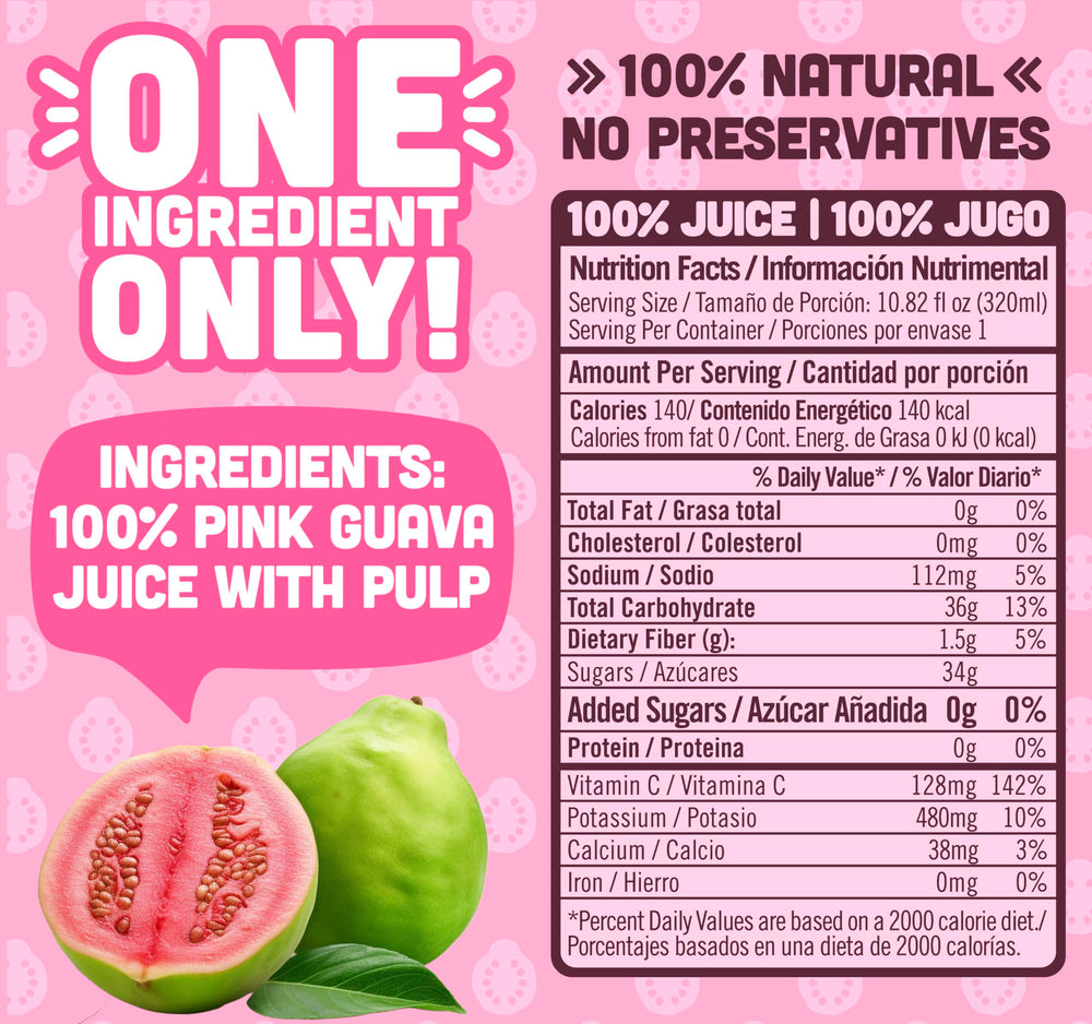 NILO Pink Guava Juice being poured, showing natural pulp.