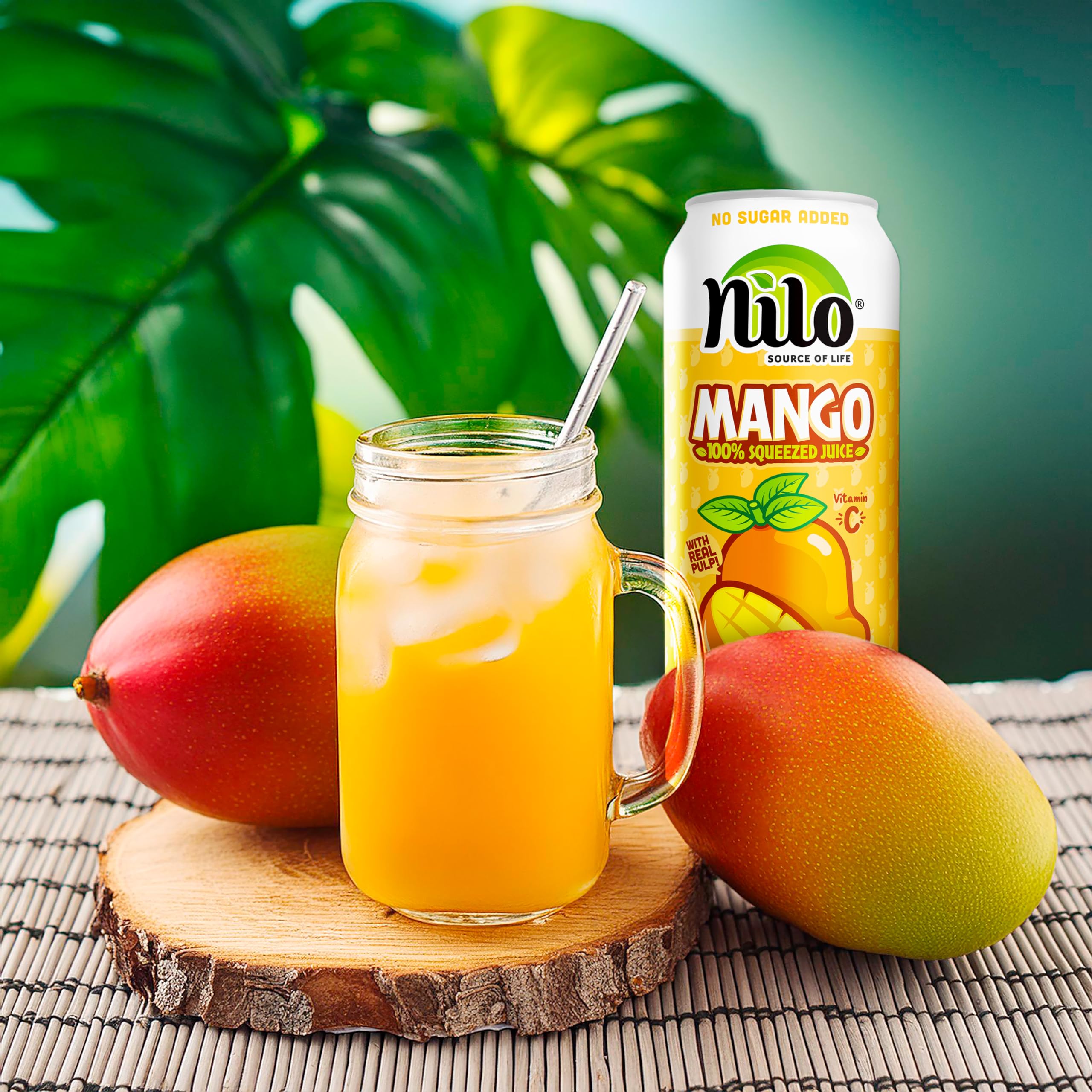 NILO Mango Juice farm-to-bottle scene signals freshness and quality.