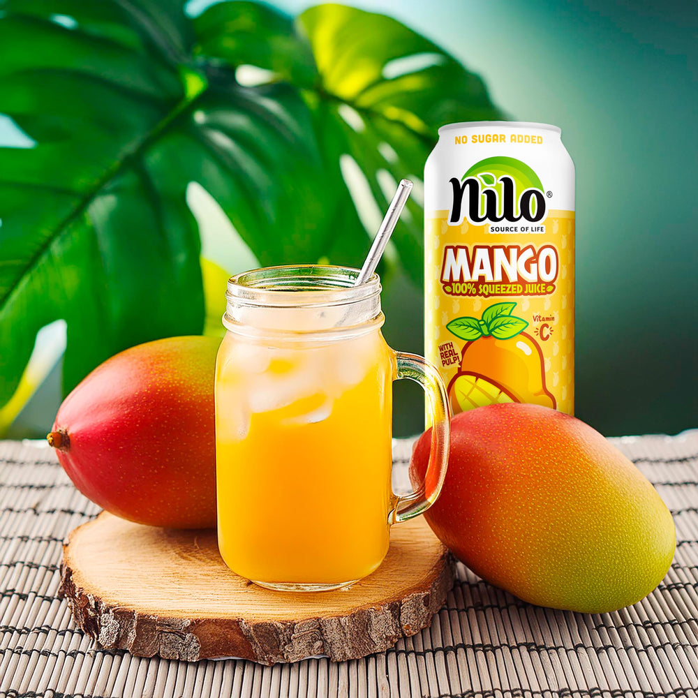 NILO Mango Juice farm-to-bottle scene signals freshness and quality.