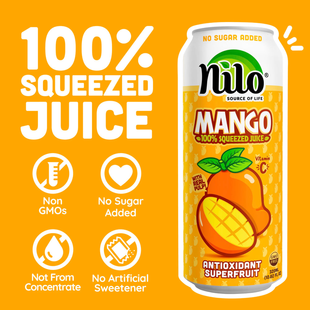 NILO Mango Juice no sugar added bottle suggests a clean, natural option.