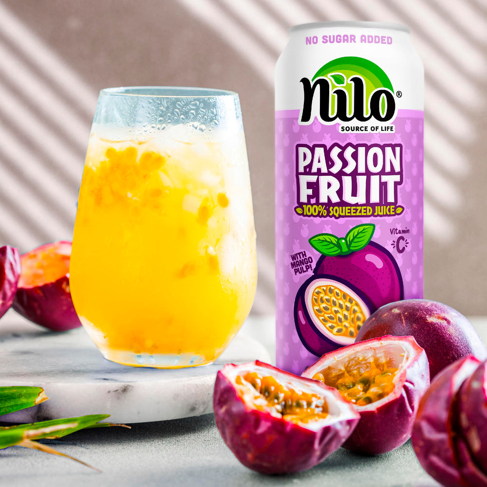 NILO Passion Fruit Juice label highlights non-GMO and gluten-free attributes.