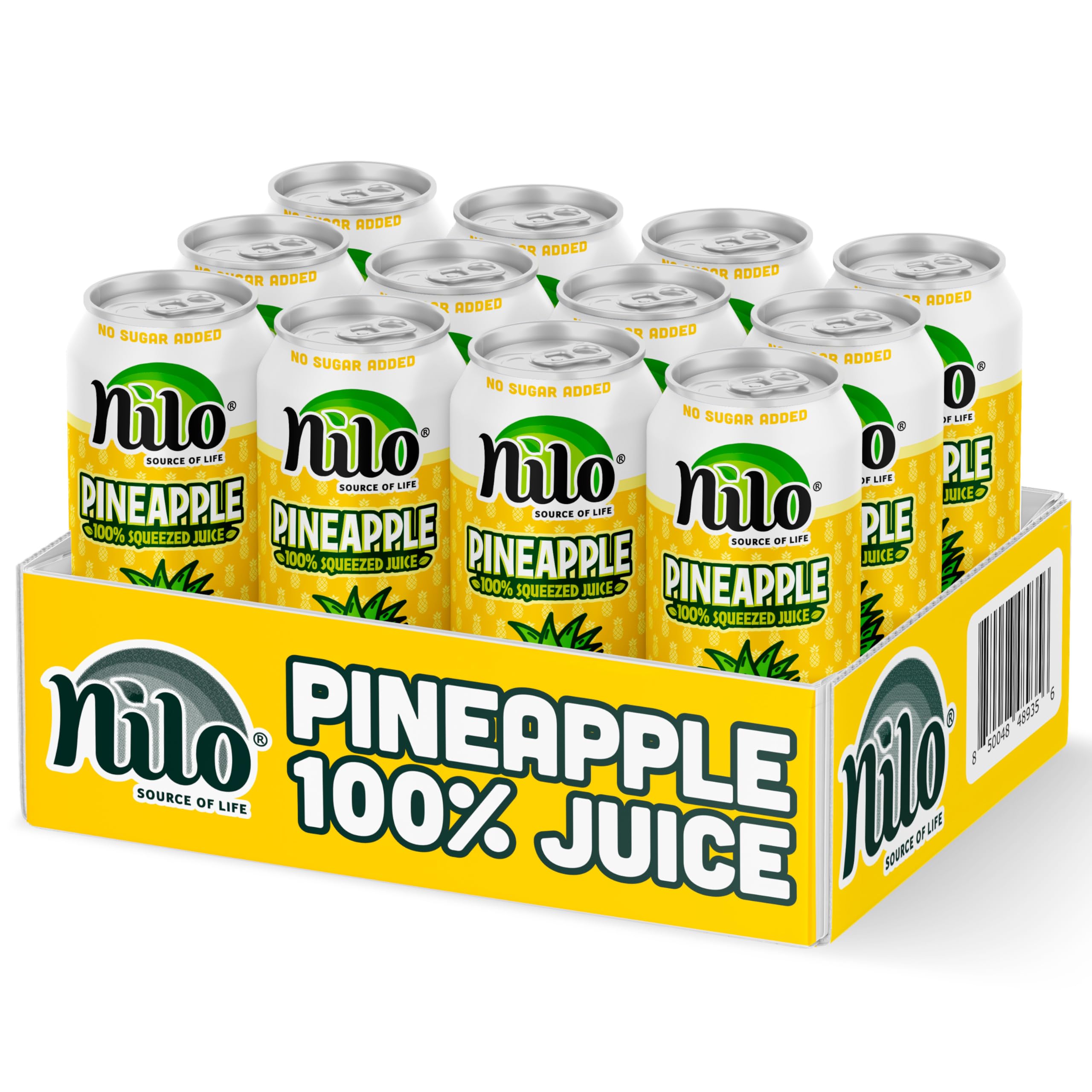 NILO Pineapple Juice 12-pack box shot highlighting farm-to-bottle freshness.