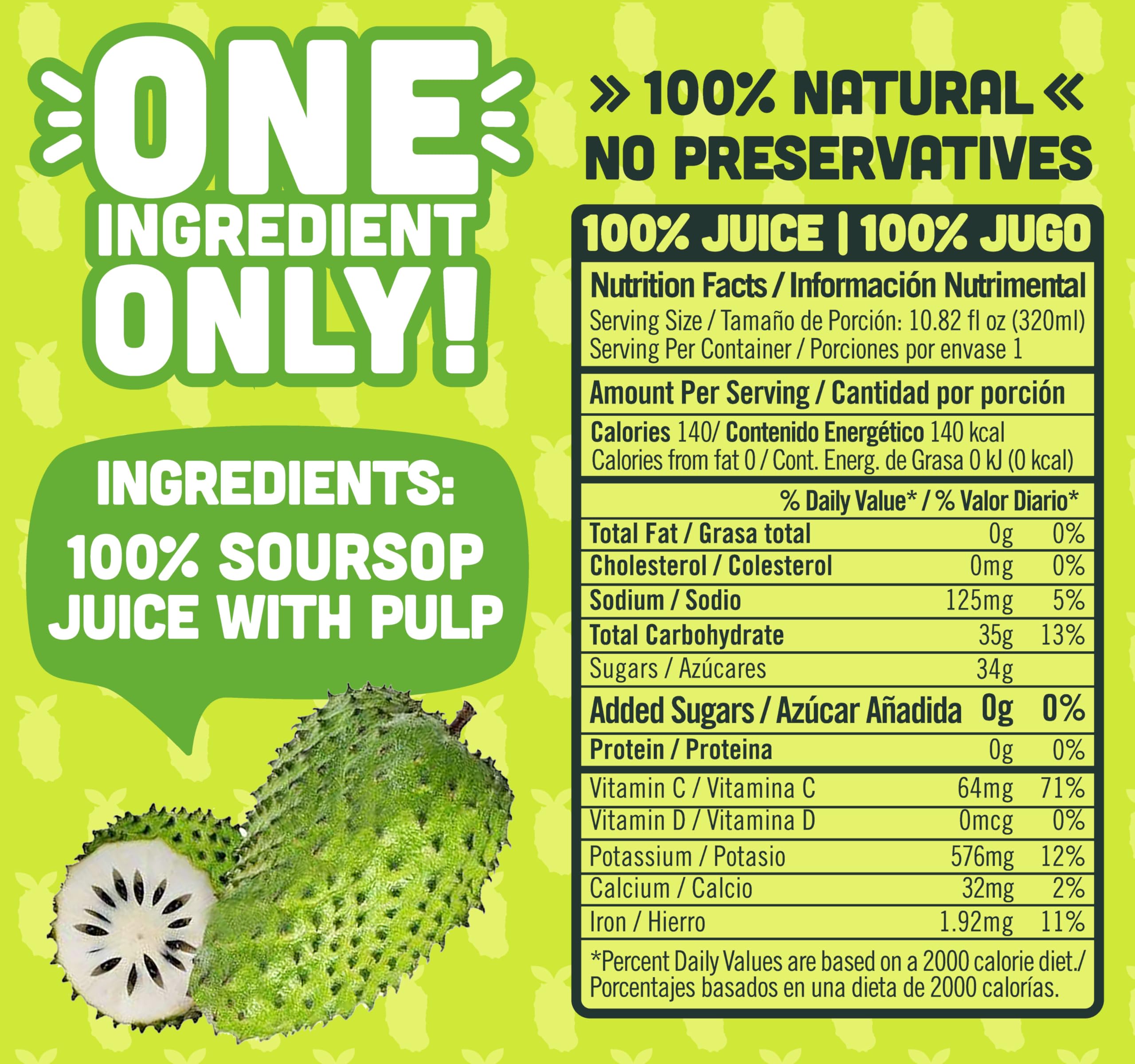 NILO Soursop Juice label close-up highlighting 100% pure, no-added sugar quality.
