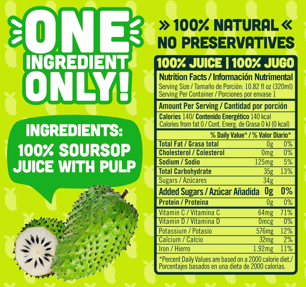 NILO Soursop Juice label close-up highlighting 100% pure, no-added sugar quality.