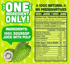 NILO Soursop Juice label close-up highlighting 100% pure, no-added sugar quality.