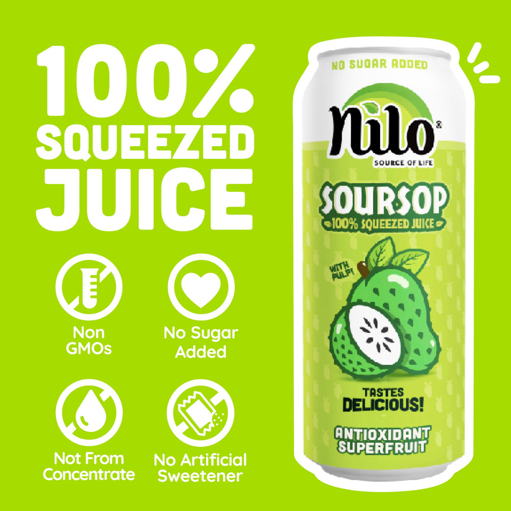 NILO Soursop Juice with real pulp visible in glass, texture-rich sip.
