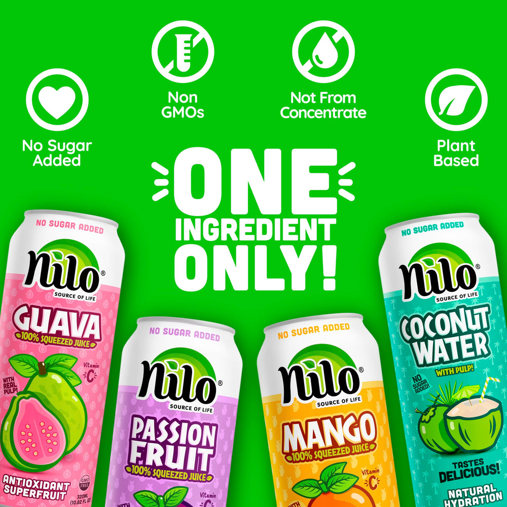 NILO coconut water bottle highlighting hydration with electrolytes.