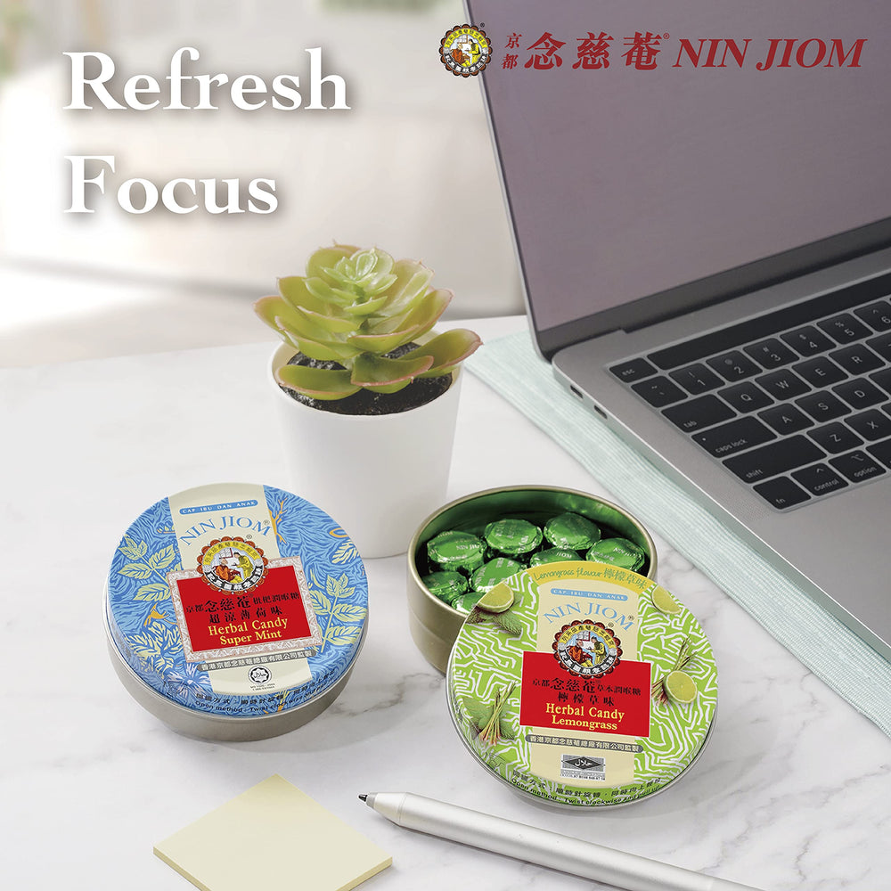 Nin Jiom Herbal Candy on counter with tea hints usage anytime