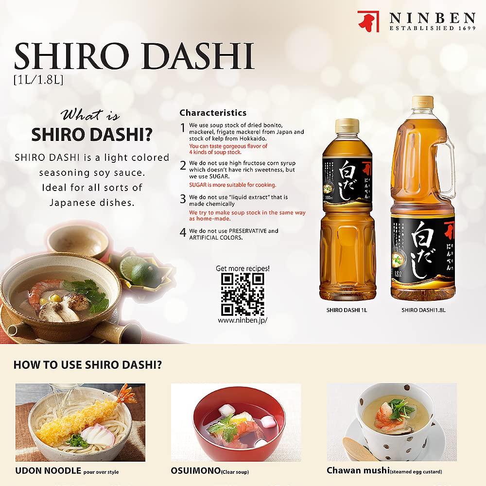 NINBEN Shiro Dashi label detail emphasizes no preservatives and natural ingredients.