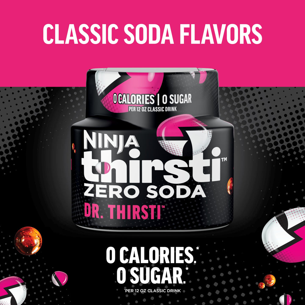 Ninja Thirsti Drops glass with bubbles highlighting a refreshing, zero-calorie option.