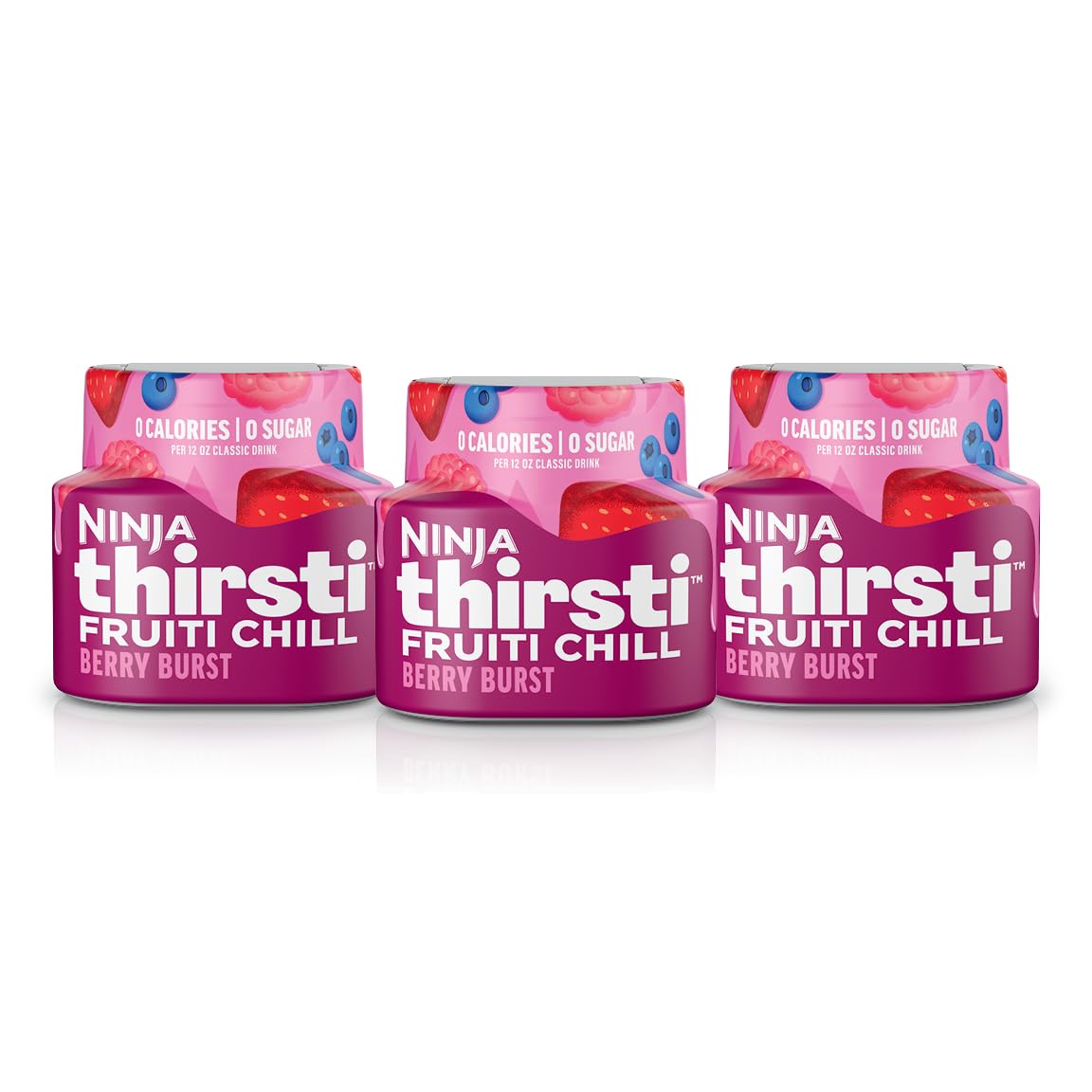 Ninja Thirsti Fruiti Chill Berry Burst bottle on glass, bold flavor with zero calories.