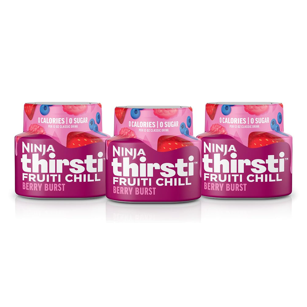 Ninja Thirsti Fruiti Chill Berry Burst bottle on glass, bold flavor with zero calories.
