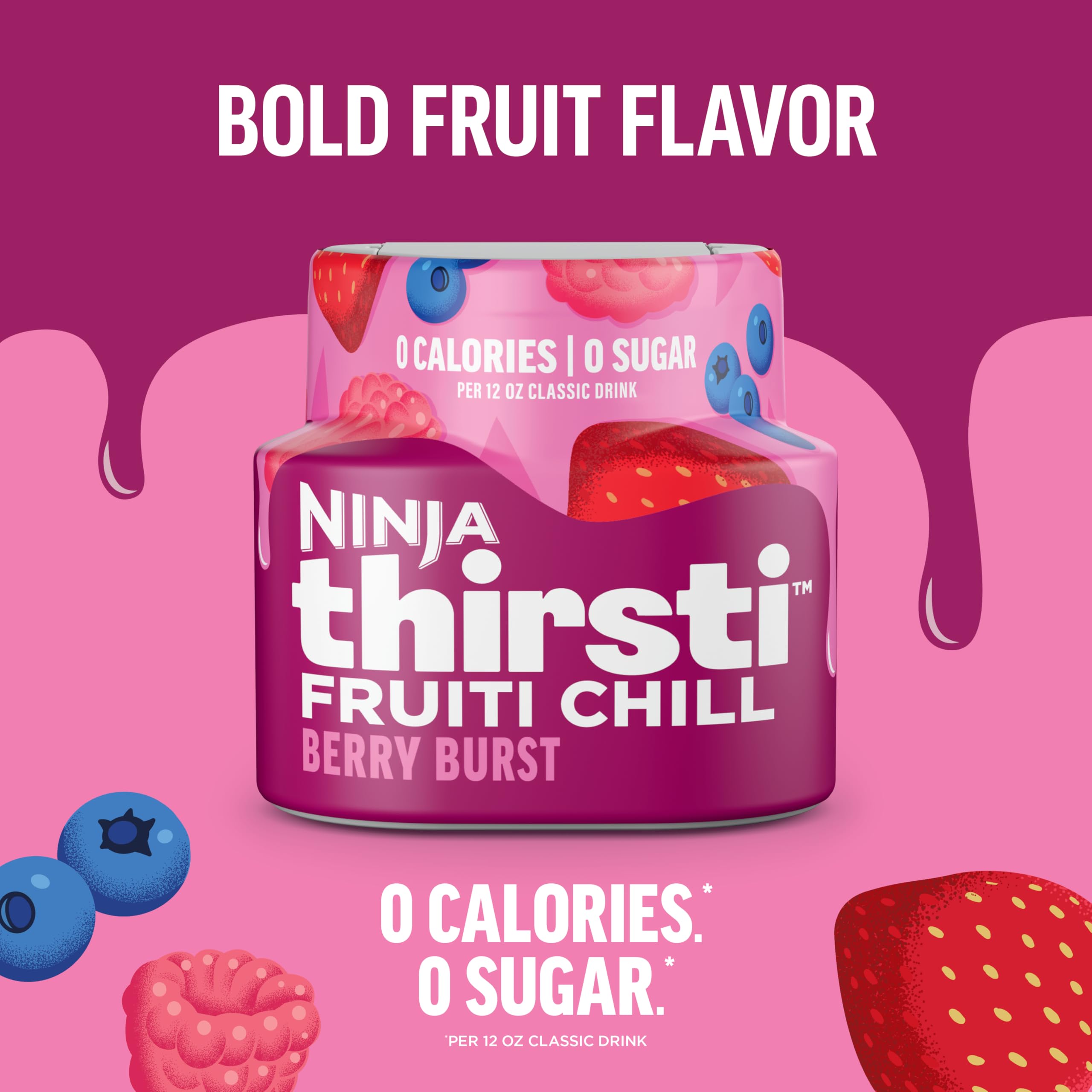 Close-up of Ninja Thirsti Fruiti Chill Berry Burst drops, one drop makes 20 drinks.