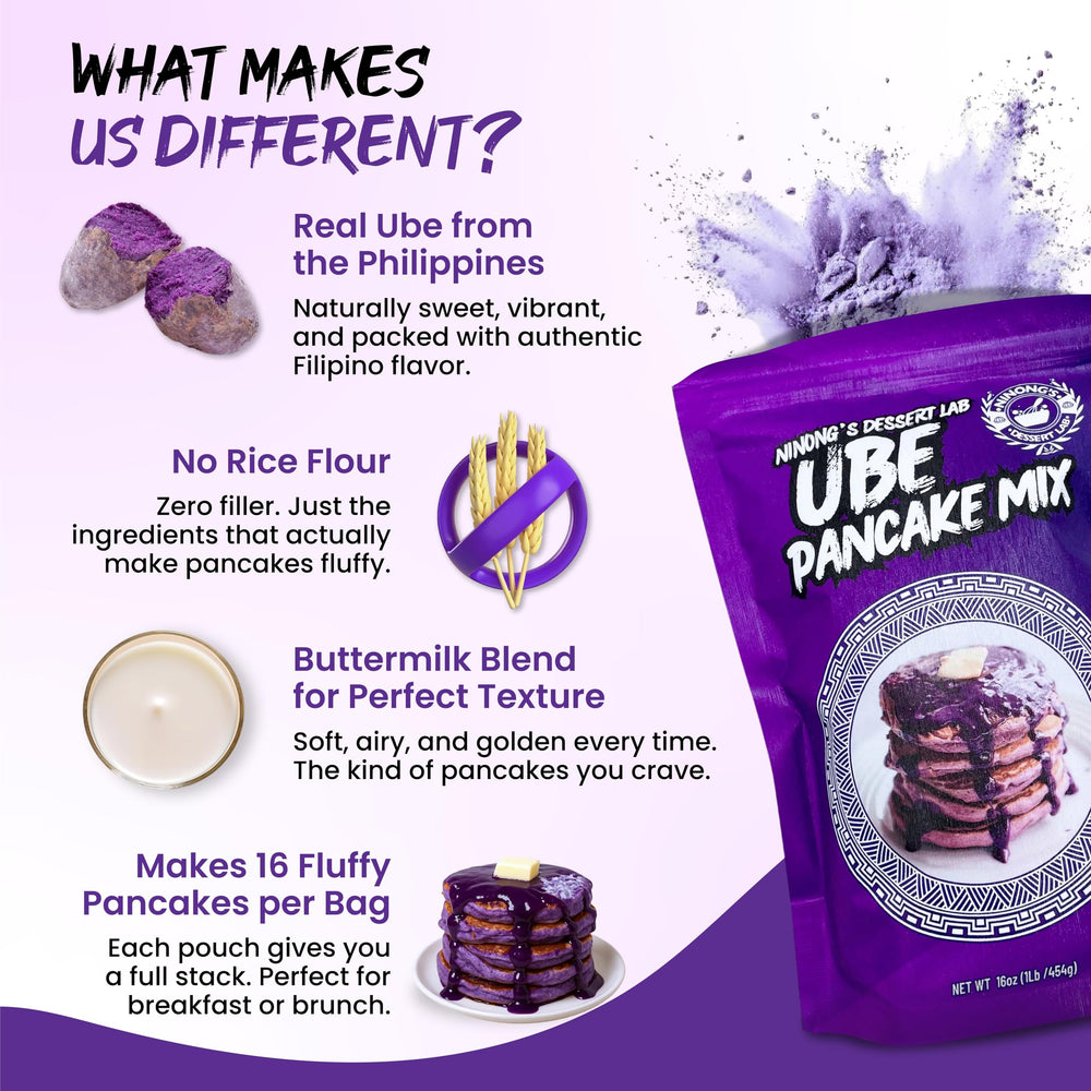 Ninong’s Dessert Lab Ube Pancake Mix just add water prep for quick fluffy results.