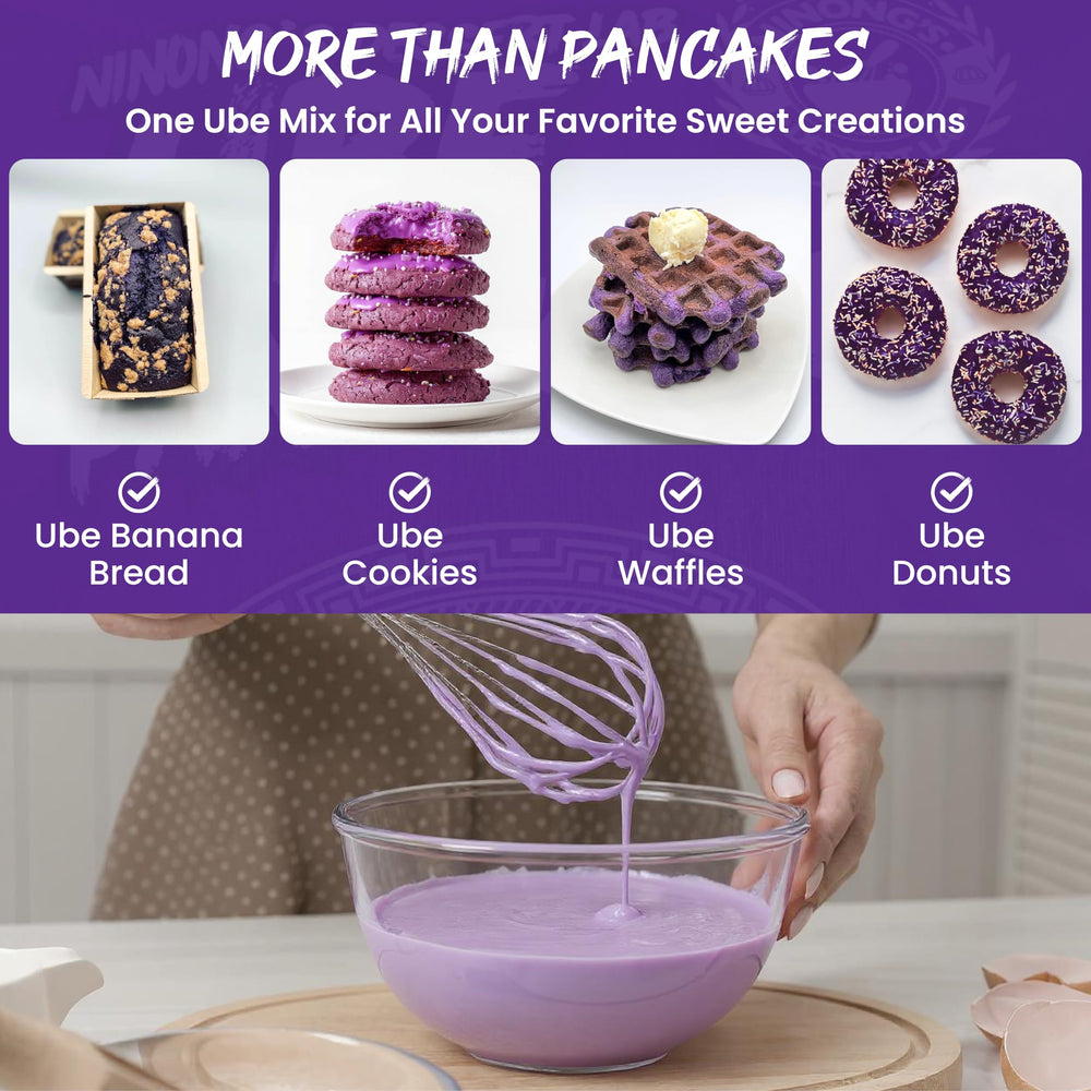 Ninong’s Dessert Lab Ube Pancake Mix pancakes cooking on pan for golden brown bites.