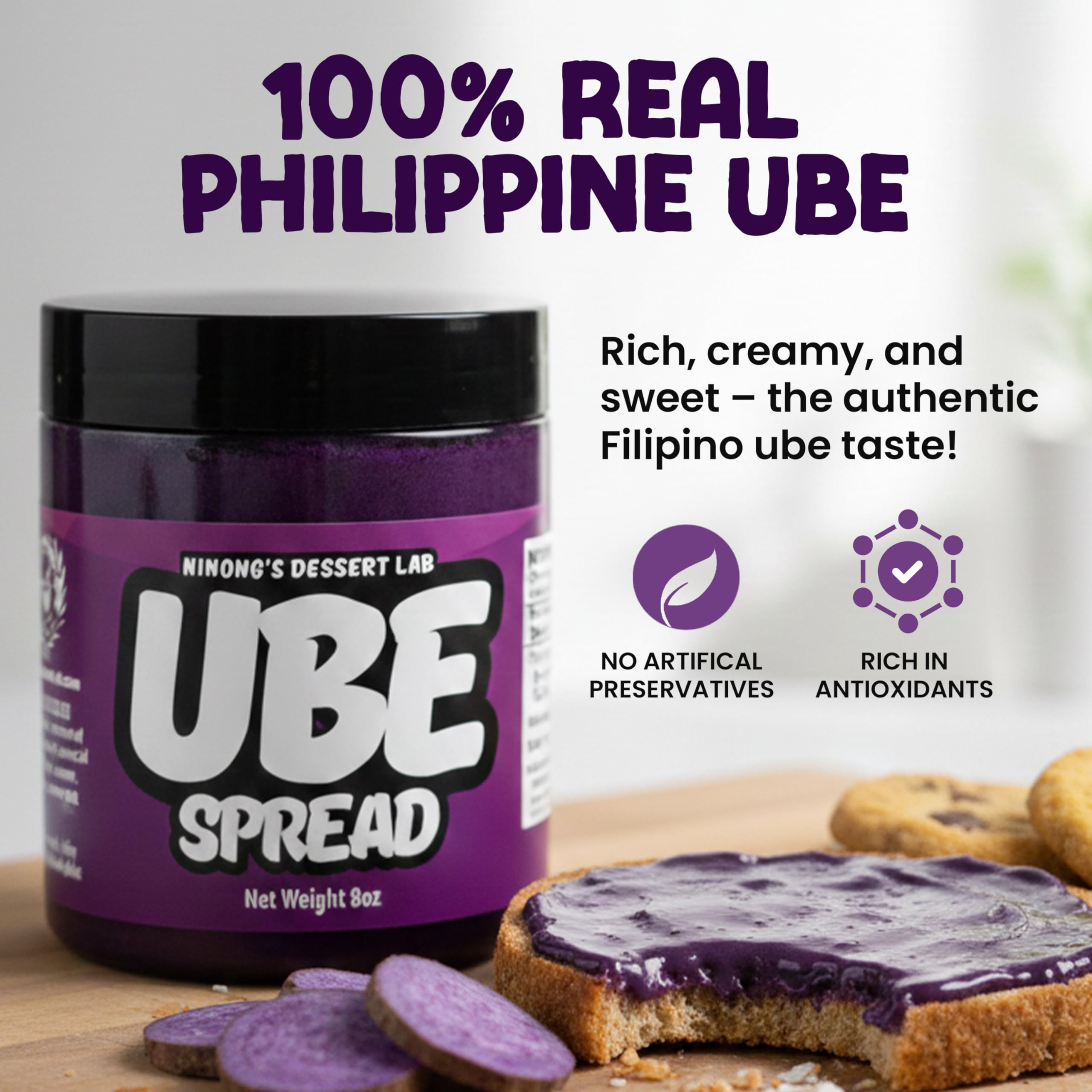 Ninong’s Dessert Lab Ube Spread bottle pour, smooth drizzle for drinks.