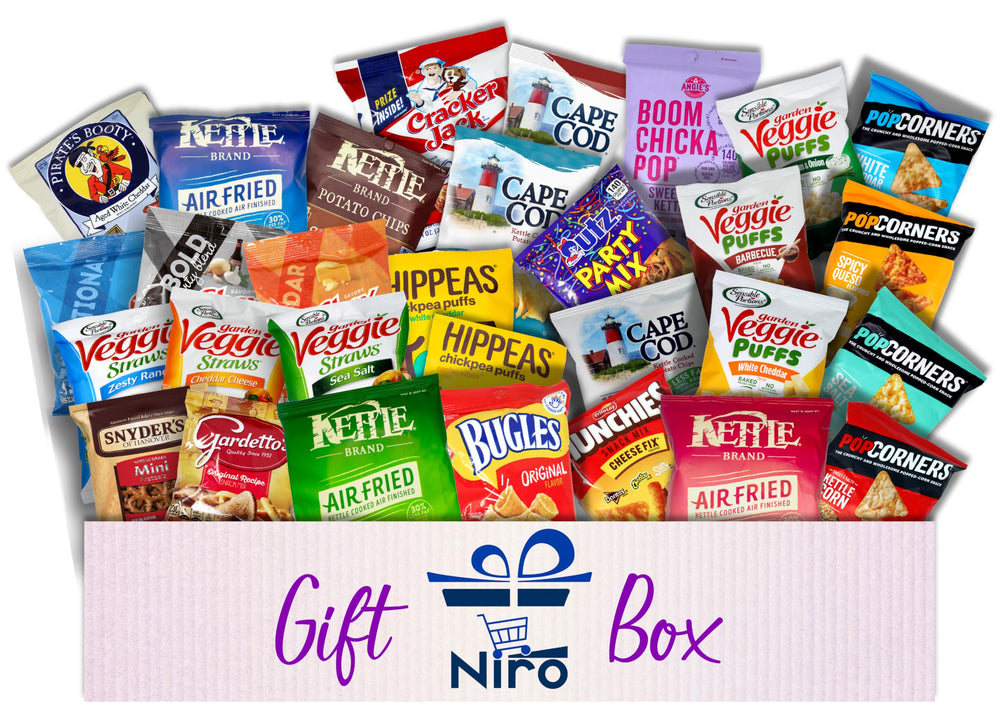 Niro Gift Basket interior reveals 25 snacks, ideal for care packages and office snacking.