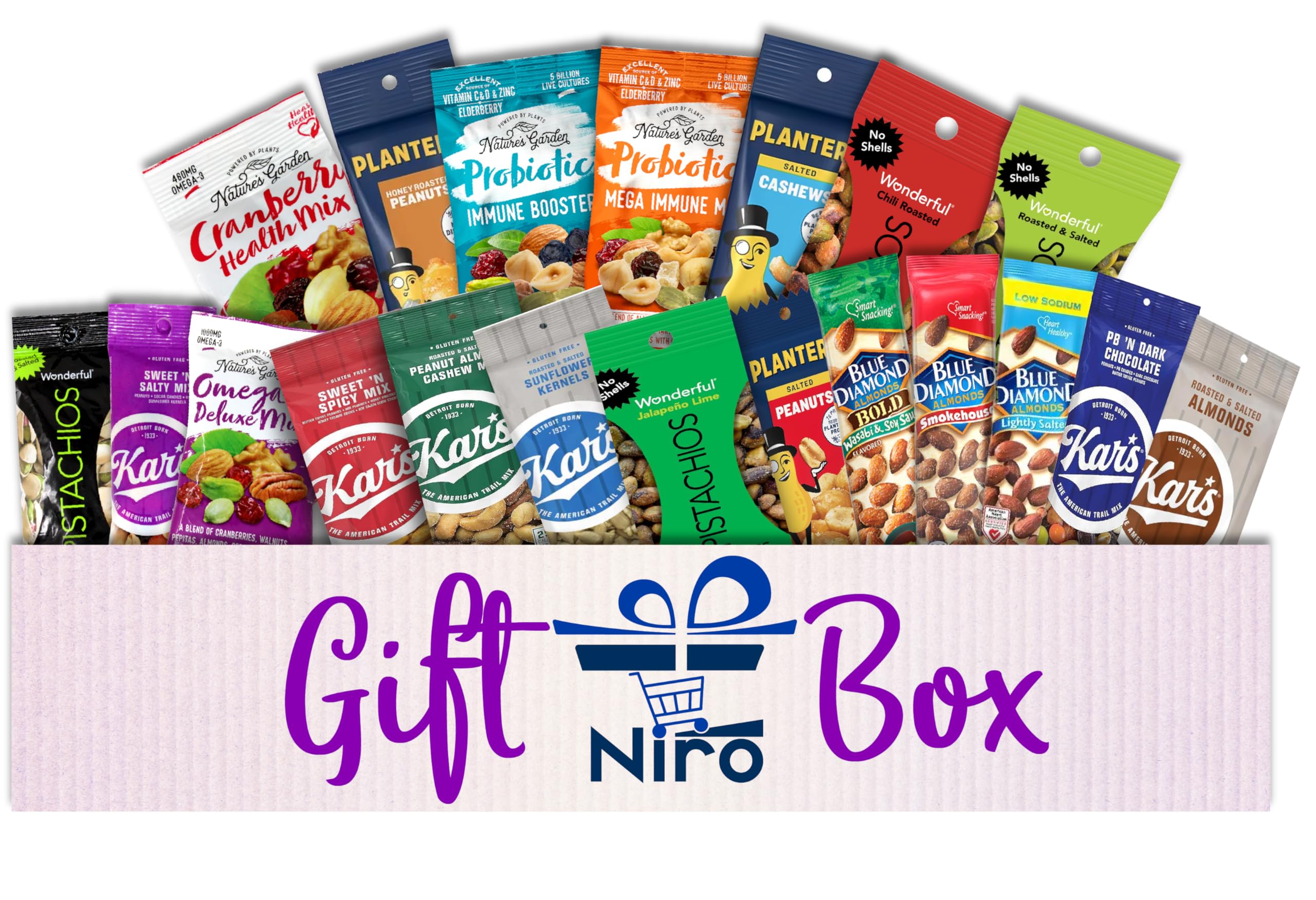 Niro trail mix 20-pack assortment highlights flavors and textures for office and outdoor snacking.