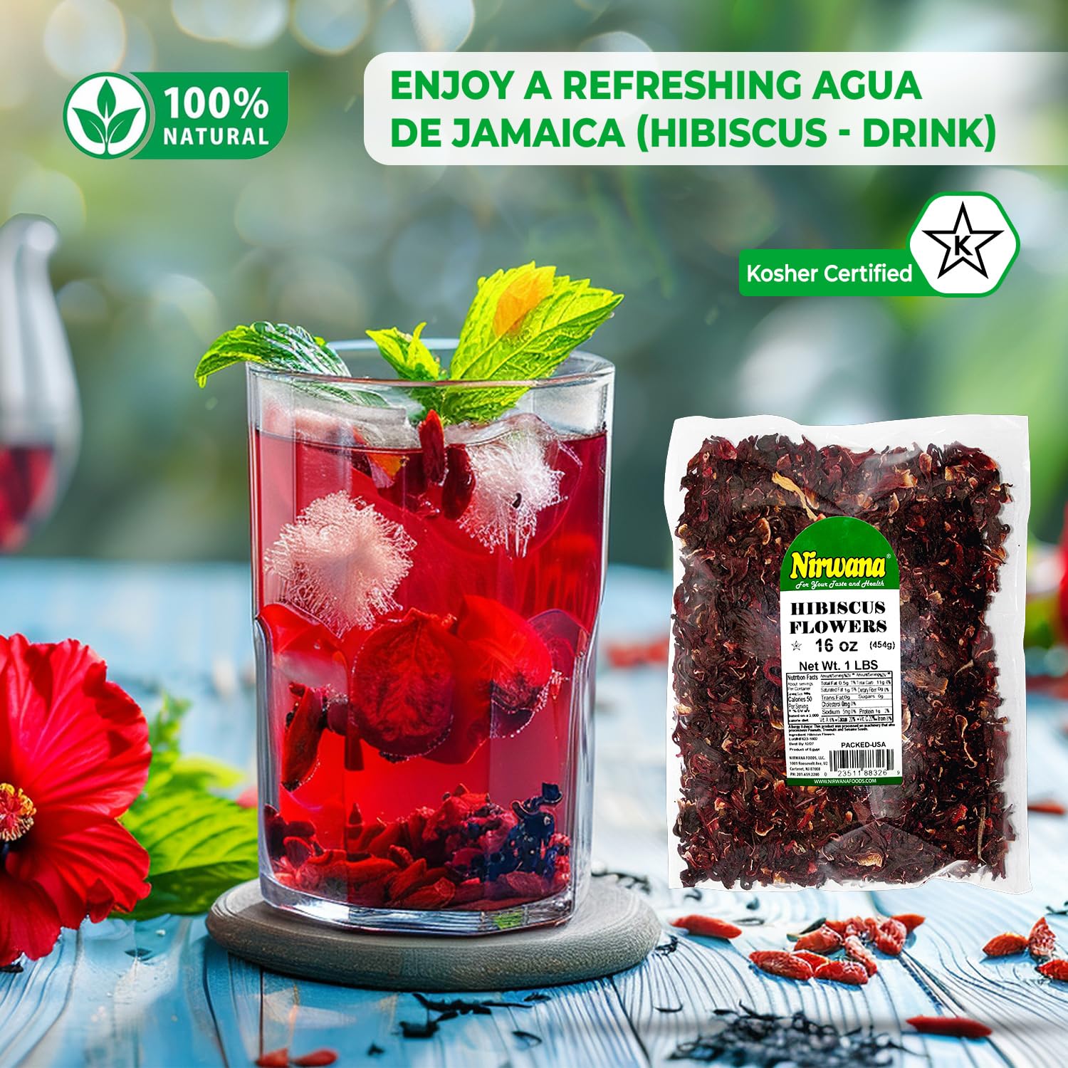 Nirwana hibiscus infusion base enhances fruity drinks and teas.