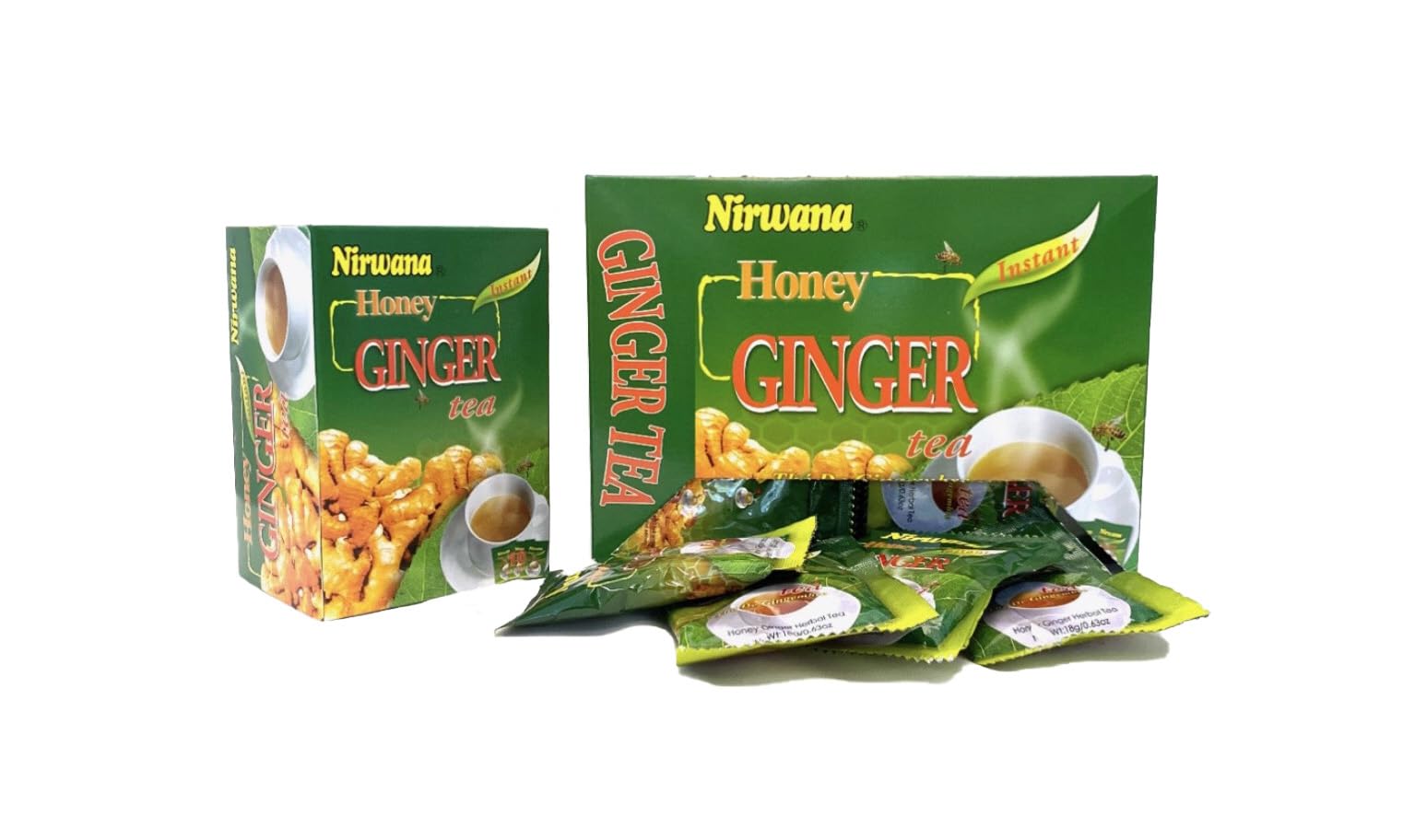 Nirwana Honey Ginger Tea bags ready for convenient caffeine-free relaxation.