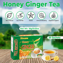 Nirwana Honey Ginger Tea packaging close-up shows individually wrapped sachets for freshness.