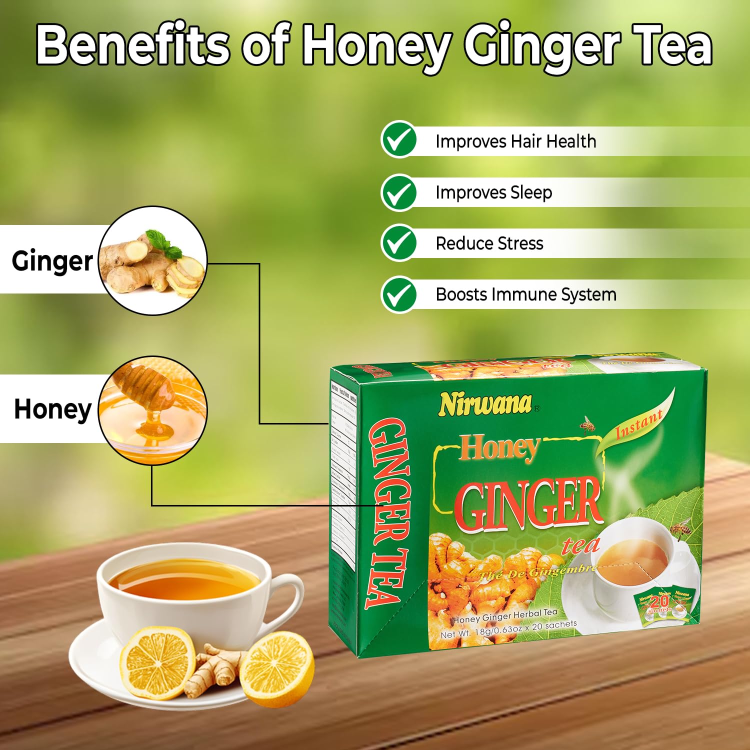 Nirwana Honey Ginger Tea sachet steeping, releasing warm honeyed-ginger aroma for comforting warmth.