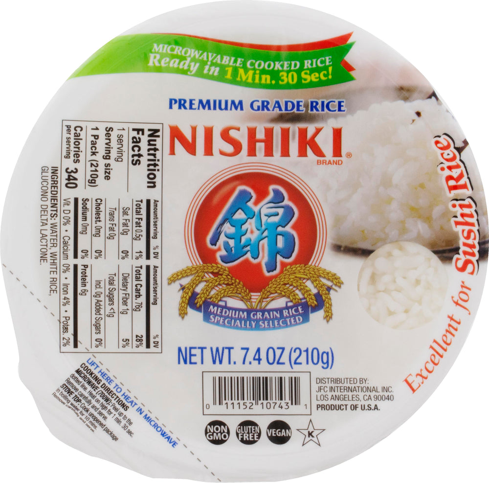 Nishiki Steamed White Rice tray six-pack, ready to heat for quick meals.