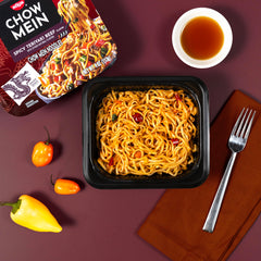 NISSIN Chow Mein microwave setup shows easy, mess-free preparation.