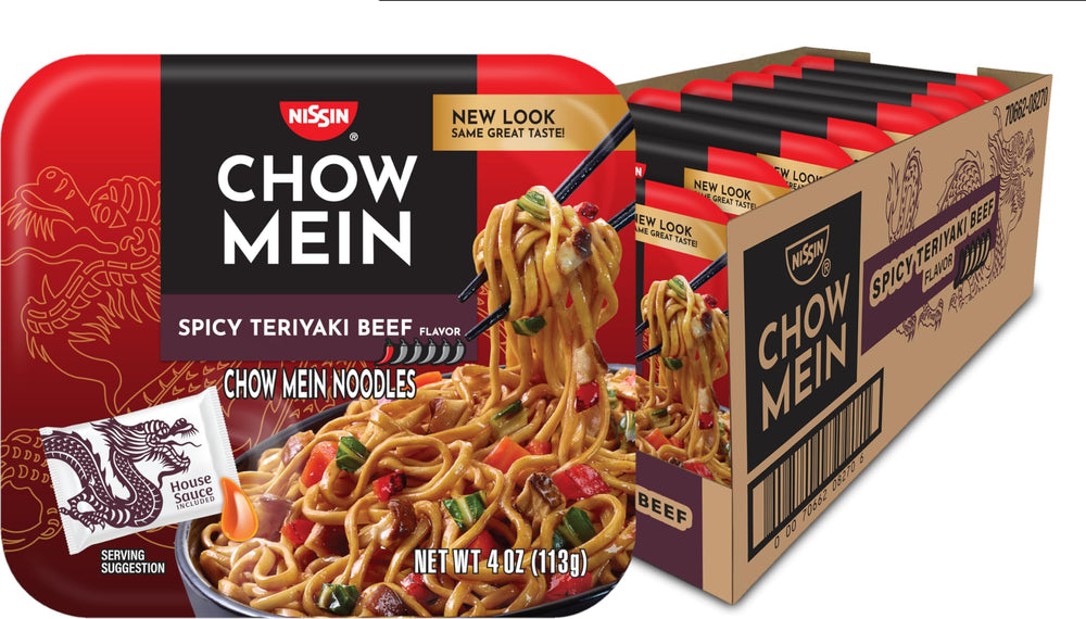 NISSIN Chow Mein Spicy Teriyaki Beef noodles in a ready-to-eat tray for quick meals.