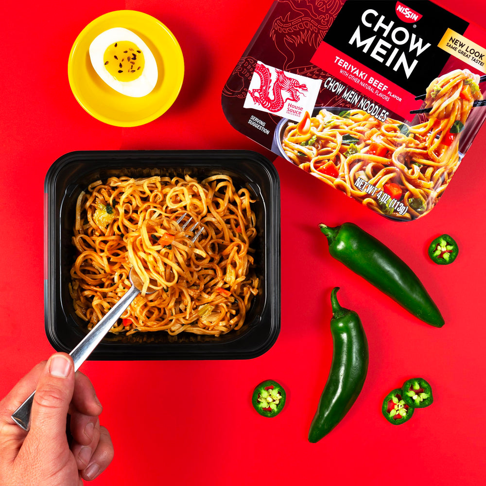 Nissin Chow Mein Teriyaki Beef with bok choy, cabbage, and carrots for colorful texture.