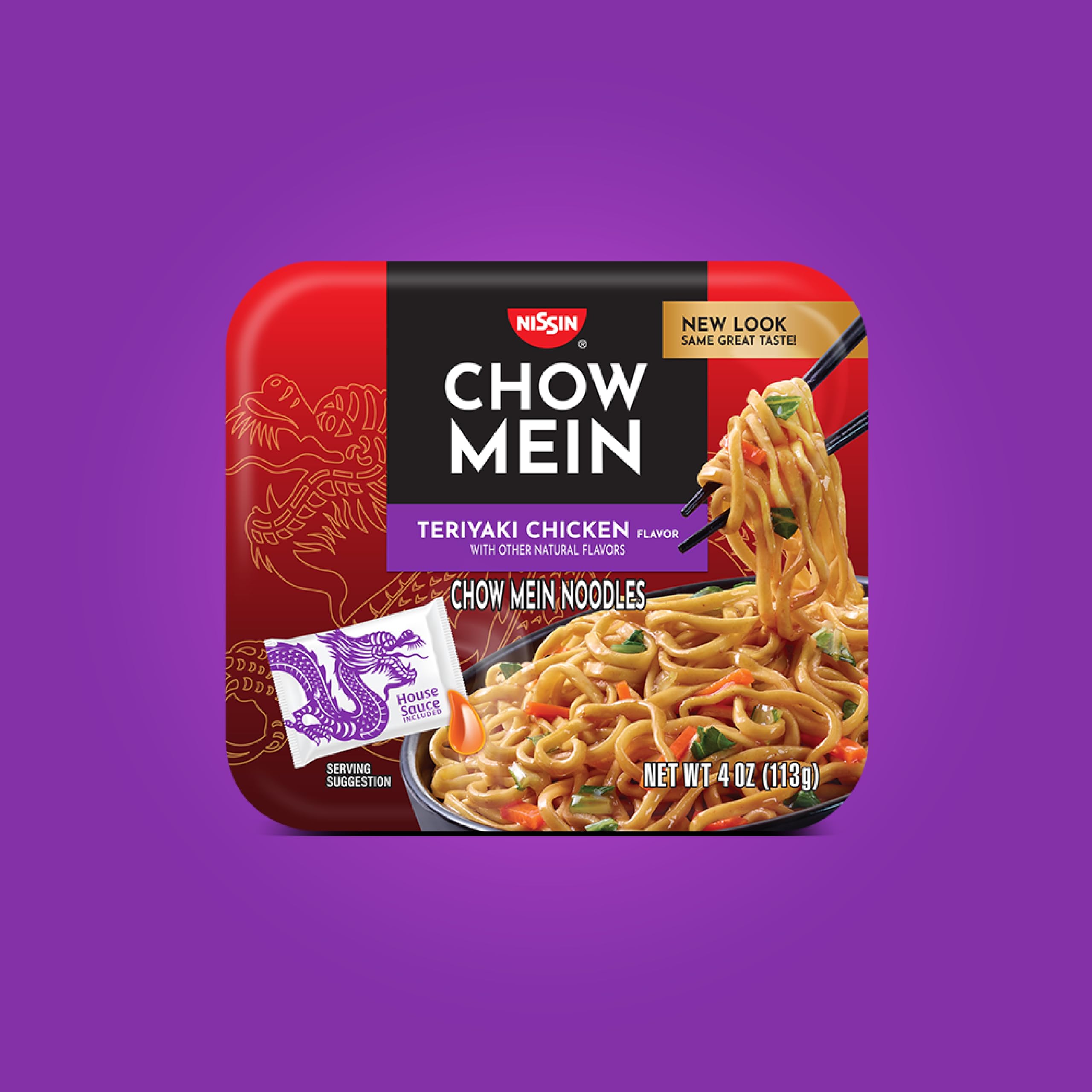 Nissin Chow Mein Teriyaki Chicken microwave-ready tray for easy dinners.