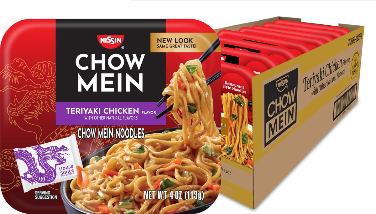 Nissin Chow Mein Teriyaki Chicken tray front view for quick heat-and-serve meals.