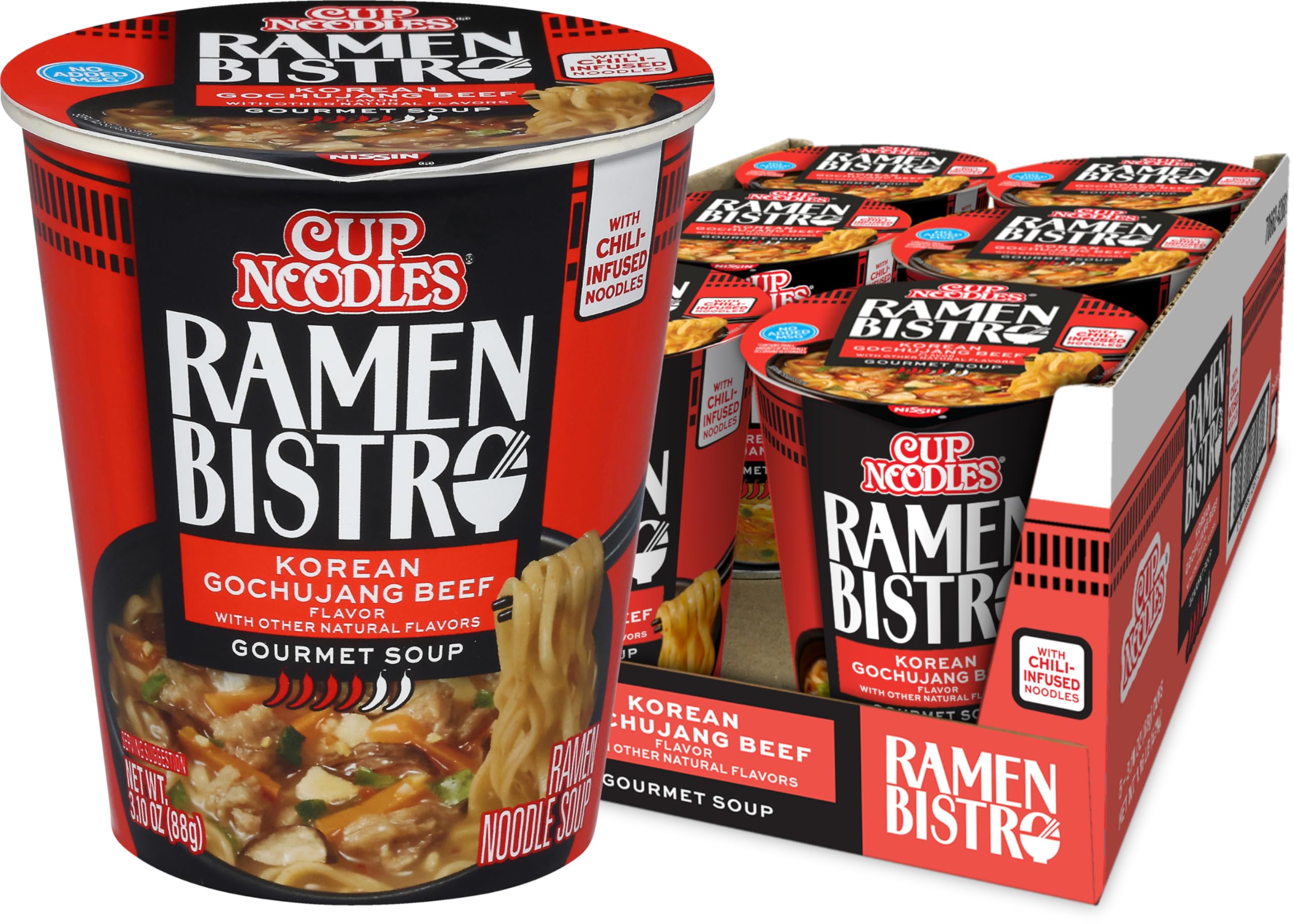 NISSIN Cup Noodle Ramen Bistro Korean Gochujang Beef in a six-pack, ready to enjoy.