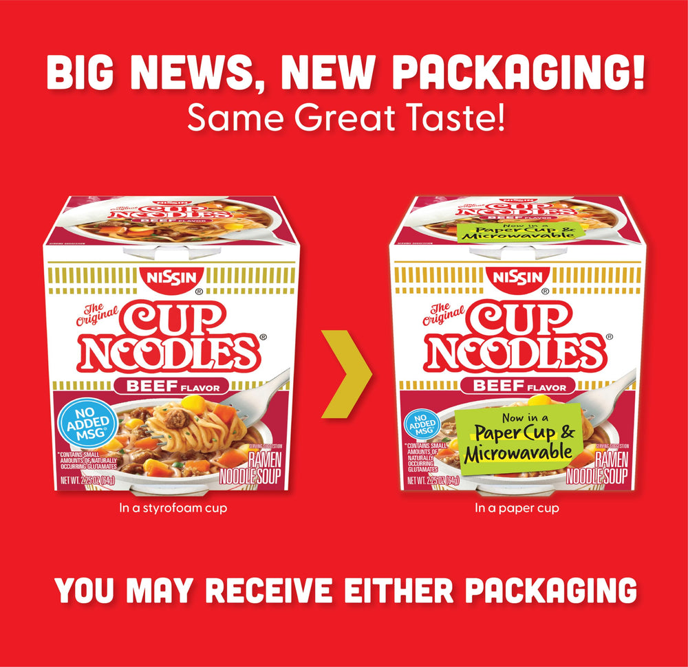 Nissin Cup Noodles Beef Flavor noodles and vegetables; hearty bite in minutes.